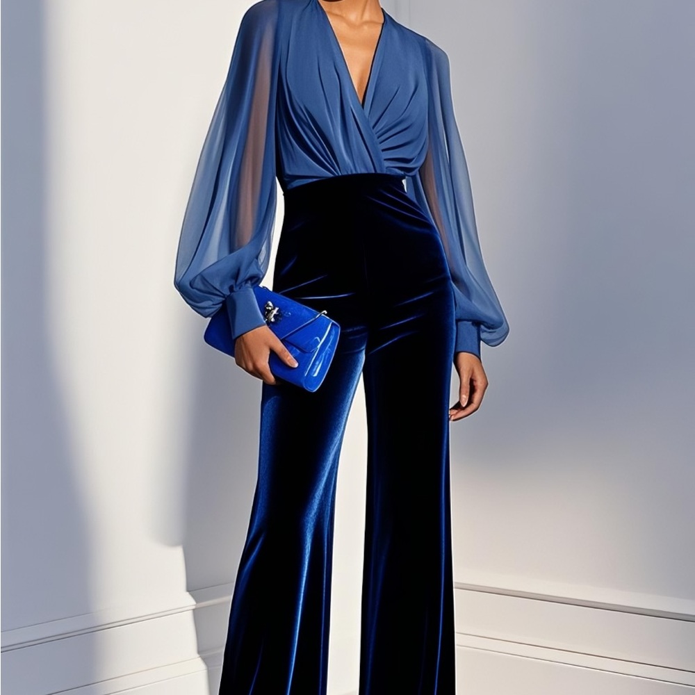 Chic Navy Jumpsuit with Sheer Sleeves
